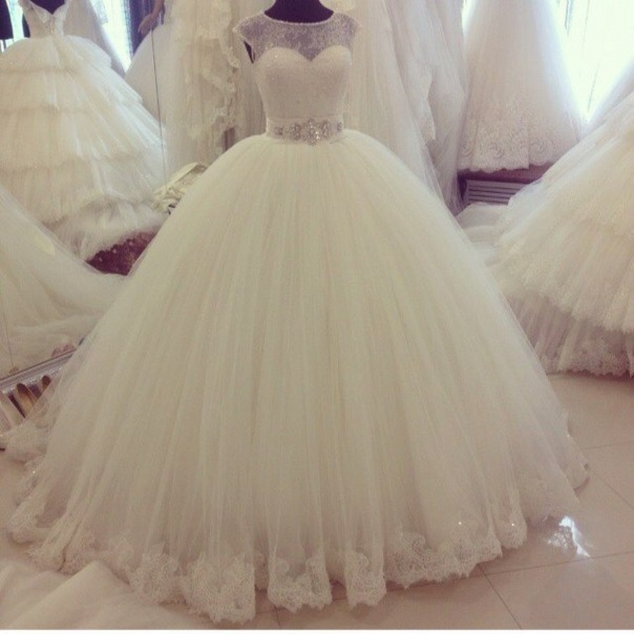 White/ivory Cap Sleeve Lace Appliqued Rhinestones Crystal Sash Wedding Dress Jd52