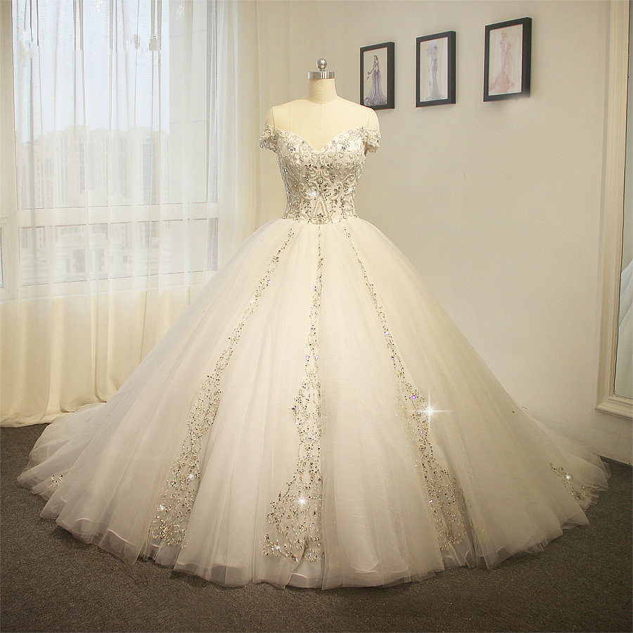 Beaded Embellished Off-the-shoulder Plunge V Floor Length Tulle Wedding Gown Featuring Lace-up Back And Chapel Train