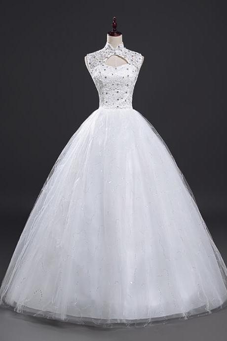 Sleeves Mandarin-Collared Beaded Ball Gown Wedding Dress