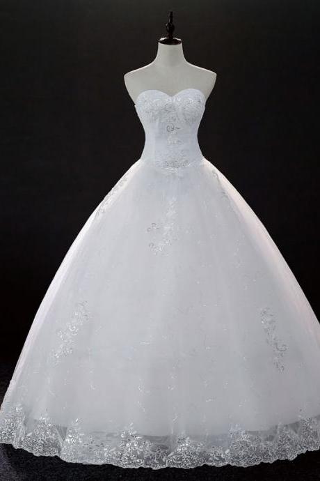 Design Lace Applique Strapless Full Length Bridal Gwon Bridal Wedding Dress Party Dress E7