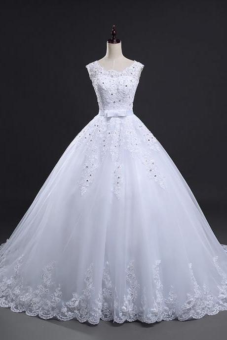 Real Photo New Ball Gown Lace Applique Beaded Full Length Bridal Gwon Bridal Wedding Dress Party Dress E14