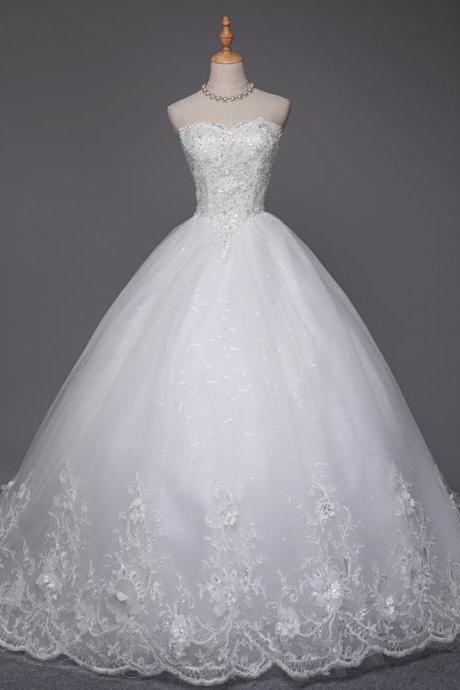 Fashion Luxury Strapless Beaded Lace Applique Full Length Bridal Gwon Bridal Wedding Dress Long Train Formal Occasion Dress Party Dress E18