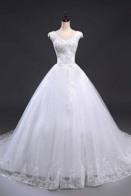 Fashion Luxury Cap Shoulder Lace Applique Full Length Bridal Gwon Bridal Wedding Dress Long Train Formal Occasion Dress Party Dress E20