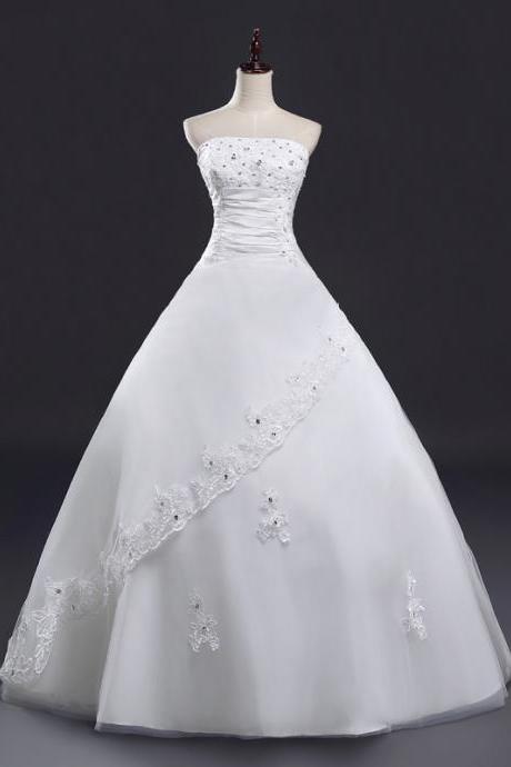 Fashion Luxury Strapless Lace Applique Full Length Bridal Gwon Bridal Wedding Dress Formal Occasion Dress Party Dress E23