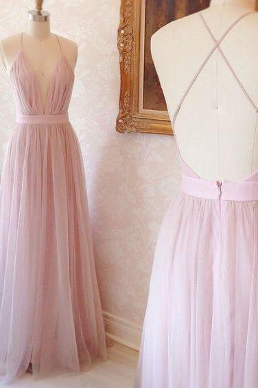 Simple A-line V-neck Long Pink Tulle Prom Dress With Criss Cross Back Evening Dress