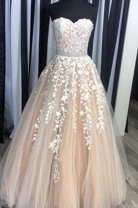 Strapless A-line Lace Tulle Champagne Prom Dresses Sexy Long Evening Dresses
