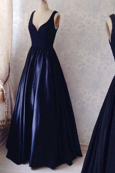 Navy Simple Prom Dresses, Satin Prom Dress, Sexy V-neck Prom Gown, Elegant Lace Prom Dress