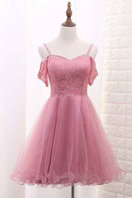 Tulle Lace Spaghetti Strap With Beading Homecoming Dress