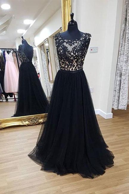 Evening Dress Sheer Boat Neckline Applique Lace Bodice Prom Dress