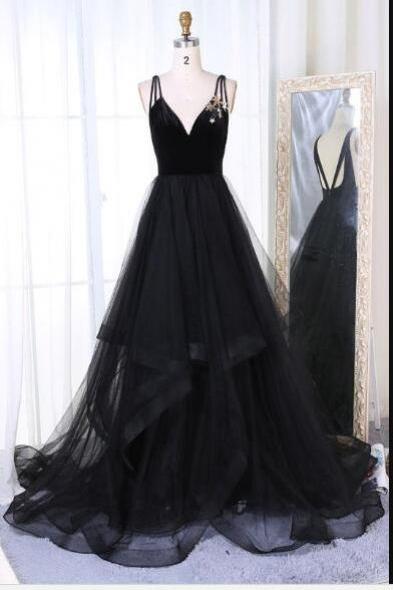 V Neck A Line Sexy Black Wedding Dress Evening Dress Full Length Prom Dress