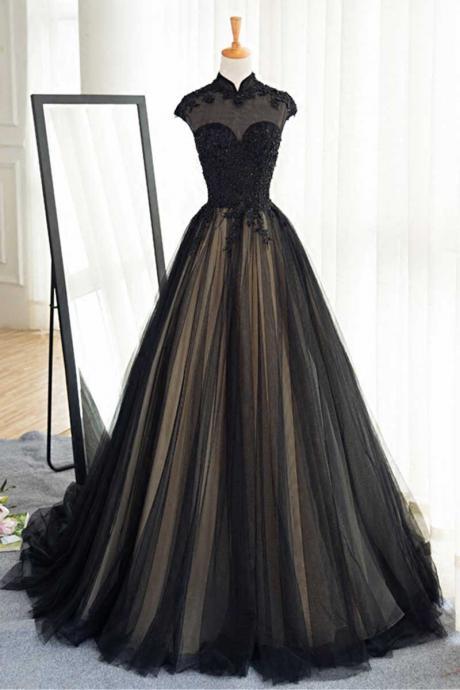 Jewel Lace Applique Sexy Black Wedding Dress Evening Dress Floor Length Prom Dress