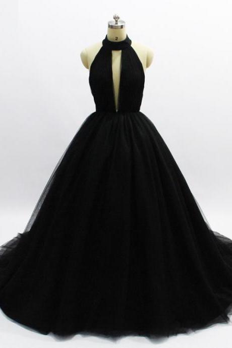 Halter A Line Sexy Black Wedding Dress Evening Dress Full Length Prom Dress