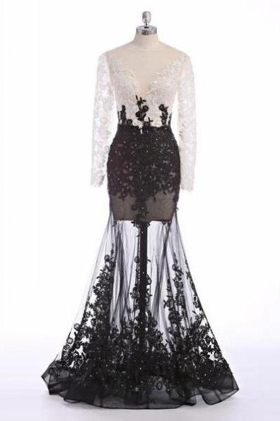 Long Sleeve White Black A Line Sexy Black Tulle Wedding Dress Evening Dress Full Length Prom Dress