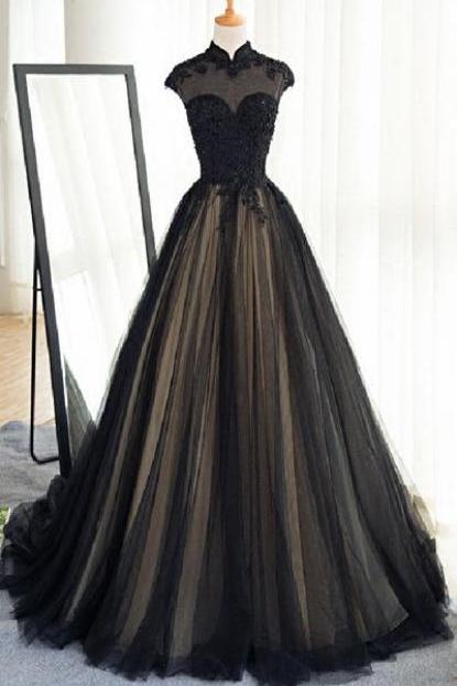 Cap Shoulder A Line Sexy Black Lace Applique Wedding Dress Evening Dress Full Length Prom Dress