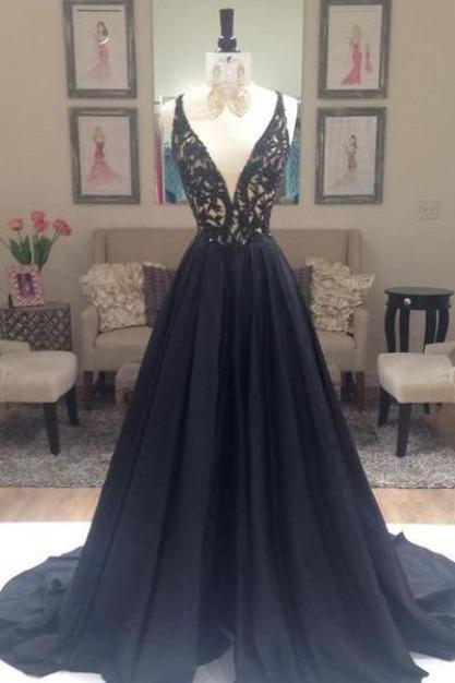 A Line Sexy V Neck Black Backless Prom Dress Evening Dress Full Length Prom Dress