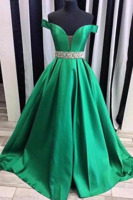 Green Off The Shoulder Lace Up Beading Prom Dress Evening Dress Full Length Prom Dress