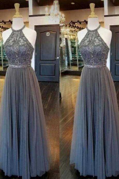 Halter Grey Off The Shoulder Lace Up Beading Prom Dress Evening Dress Full Length Prom Dress