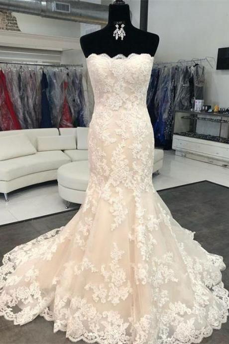 Sexy Strapless Long Lace Wedding Dress Backless Party Dress Prom Dress Evening Dress