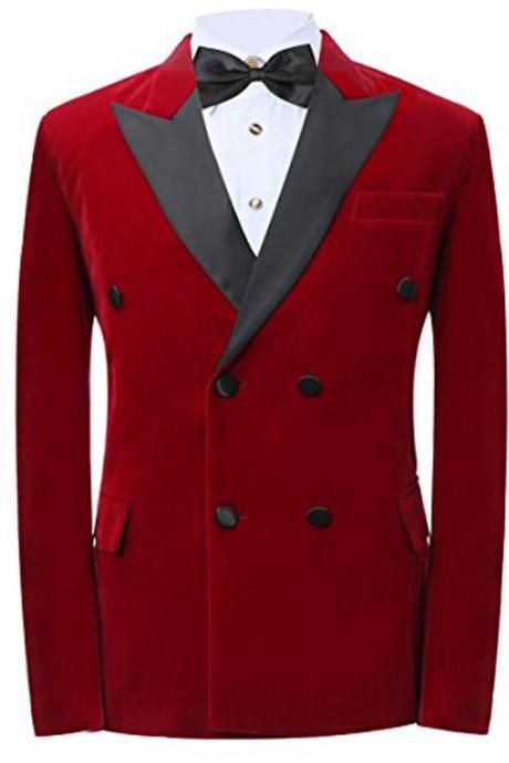 Red Velvet Formal Wedding Men Suits Black Peaked Lapel Double Breasted Two Piece Wedding Tuxedos (Jacket + Black Pants )
