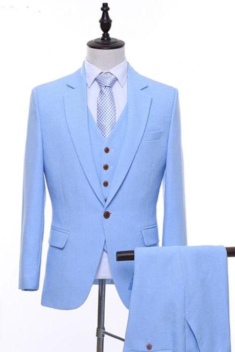 Sky Blue Evening Party Men Suits Three Piece Jacket Pant Vest Notched Lapel One Button Trim Fit Wedding Groom Tuxedos