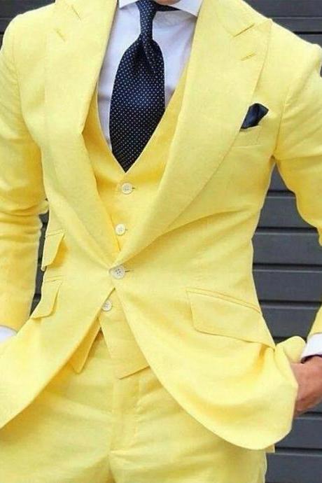 Man&amp;#039;s Slim Fit Wedding Suits For Evening Party Three Piece Yellow Men Suit Jacket Pants Vest Latest Style Waistcoat Blazer