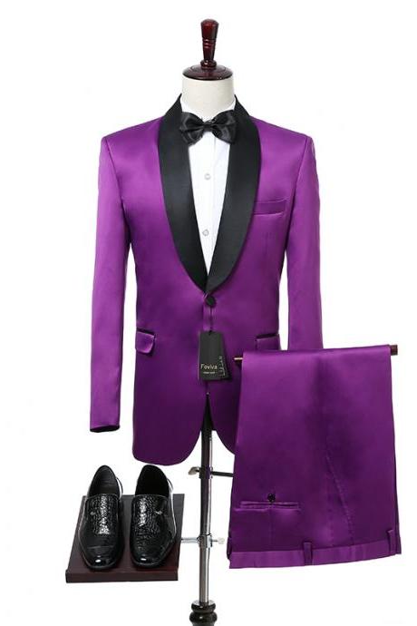 Purple Wedding Mens Suits Black Shawl Lapel One Button Slim Fit Wedding Tuxedos for Groom Two Piece Jacket Pants Foviva Style 