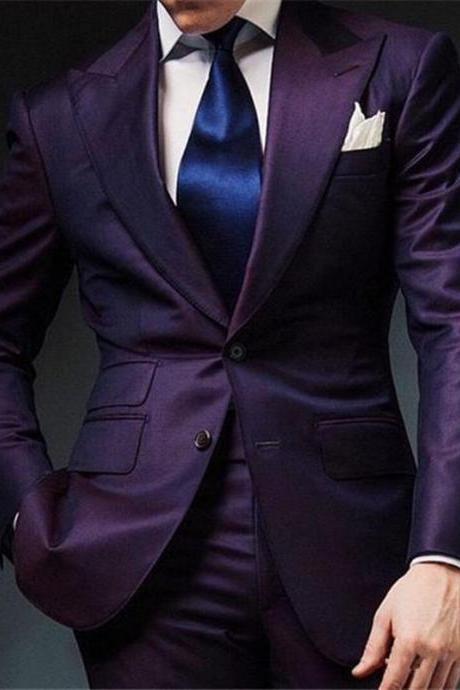 Two Piece Purple Mens Wedding Suits Cheap Groom Tuxedos Peaked Lapel Custom Made Groomsmen Suit Men Prom Party Suit (Jacket+Pants)