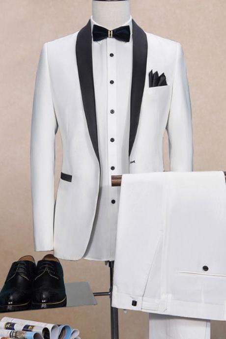 White Wedding Men Suits Black Shawl Lapel Two Piece One Button Single Breasted Wedding Groom Tuxedos (Jacket + Pants)