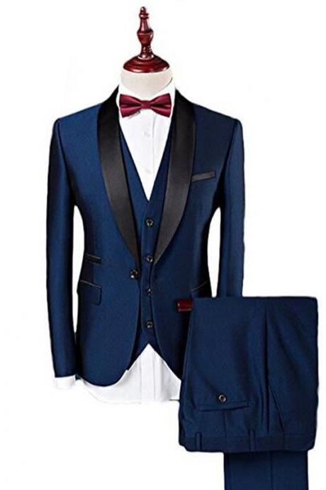 Navy Blue Formal Wedding Groomsmen Tuxedos Three Piece Shawl Lapel Custom Made Business Men Suits (Jacket + Pants + Vest )