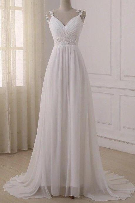 Wedding Dresses White/ivory Chiffon Beads Full Length Bridal Gown Beach Custom Size For Wedding Formal Occasion Party