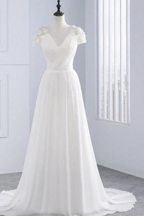 A Line V Neck Cap Sleeve Wedding Dress Beach Chiffon Pleating Bridal Gown Custom Plus Size Formal Occasion Applique Dress