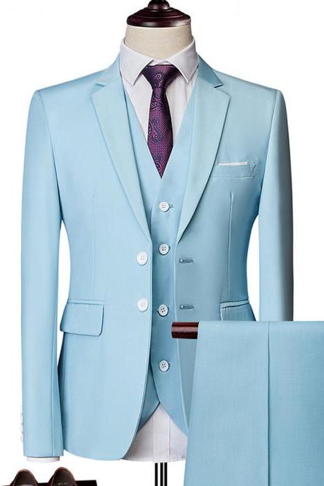 Sky Blue Wedding Formal Bridegroom Tuxedo Men Suits 3 Pcs Business Blazer Peak Lapel Custom Homme Terno Suits ( jacket Vest Pants )