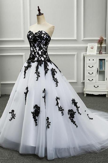 Black And White Strapless With Train Full Length Wedding Dress Prom Dress Evening Dress Formal Occasion Party Dress