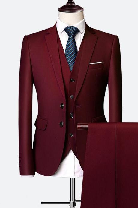 Wine Red Wedding Formal Bridegroom Tuxedo Men Suits 3 Pcs Business Blazer Peak Lapel Custom Homme Terno Suits ( jacket Vest Pants )