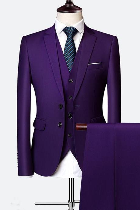 Purple Wedding Formal Bridegroom Tuxedo Men Suits 3 Pcs Business Blazer Peak Lapel Custom Homme Terno Suits ( jacket Vest Pants )