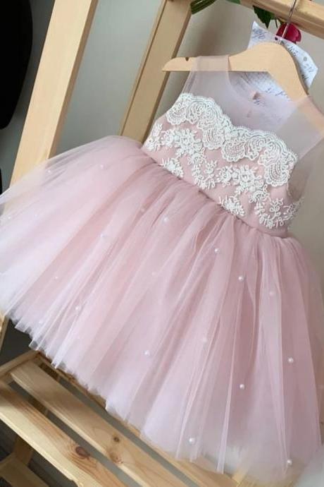 Pink Lace Applique Flower Girl Dresses For Weddings Bow Floor Length First Communion Dresses For Girls