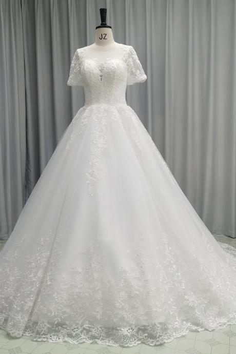 Short Sleeve Wedding Bridal Dress Embroidery Lace Applique Ball Gown Wedding Dress