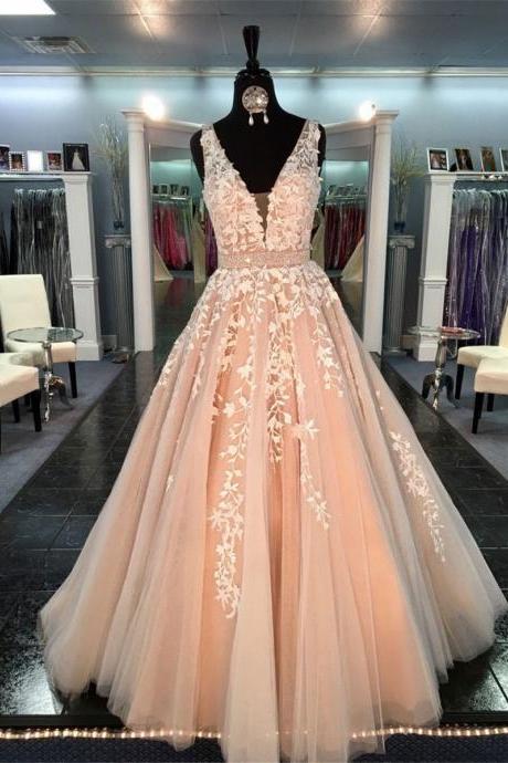 Hic Beautiful Prom Dresses Long A-line V Neck Applique Prom Dress Evening Dresses Beading Sash Peach Formal Dress