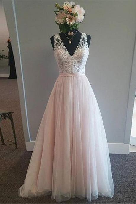 Tulle V-neck Neckline A-line Wedding Dress With Lace Appliques & Belt Pink Tulle Bridal Dress Reals