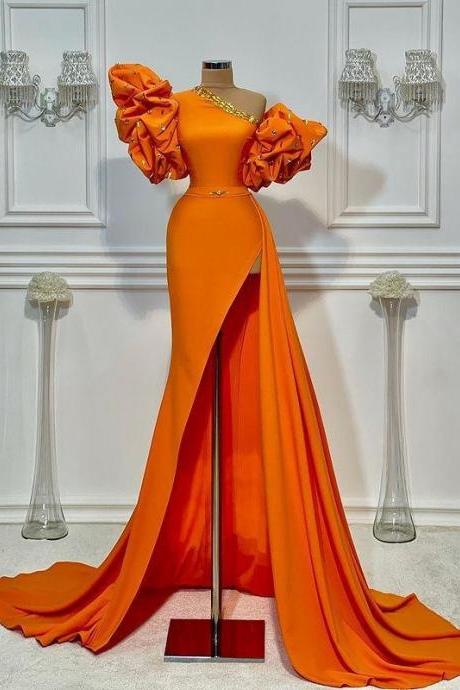 Orange One Shoulder Prom Dresses Summer Puff Short Sleeves Sexy Side Slit Evening Dress Satin Cocktail Party Gowns
