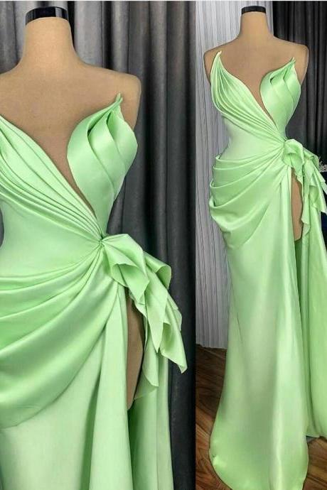 Mint Sheath Prom Dresses Sheer Jewel Neckline Robe De Soiree Ruffles High Side Split Evening Dress Custom Made Formal Party Gown
