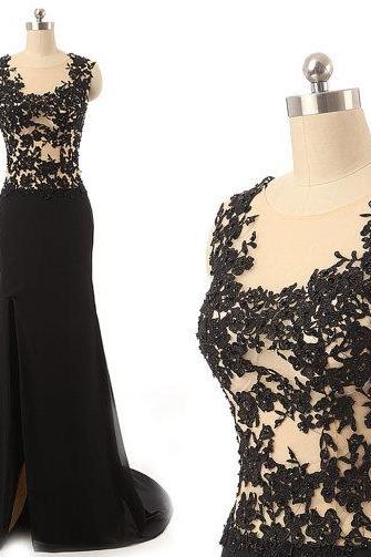 Lace Prom Dress,black Chiffon Eveing Dress Floor Length