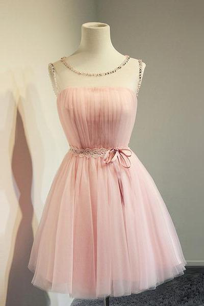 Top Selling Blush Pink Short Beading Prom Dresses,a-line Cap Sleeves Homecoming Dresses,bridesmaid Dresses,beading Sash Prom Dress