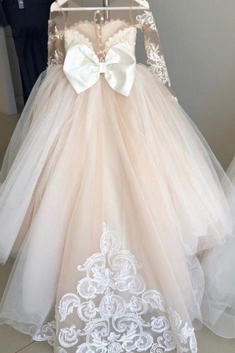 Puffy Tulle Lace Ball Gown Flower Girl Dresses Long Sleeve Princess Illusion Wedding Party Dress First Communion