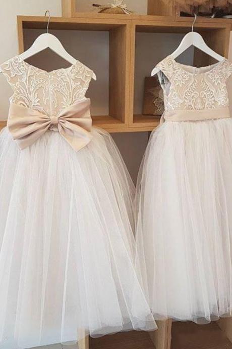 Cheaper Real Flower Girl Dresses For Weddings Lace Champagne Top Puffy Tulle First Communion Dress