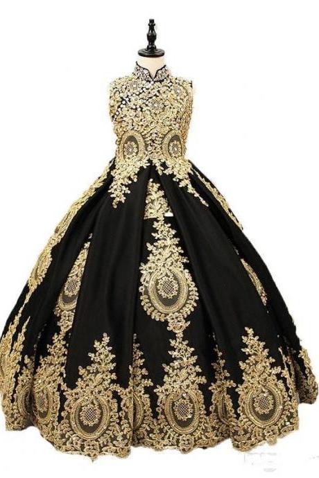 Luxurious Black And Gold Lace Flower Girls Dress High neck With Corset Back Crystal Designer Girl First Communion Pageant Gown
