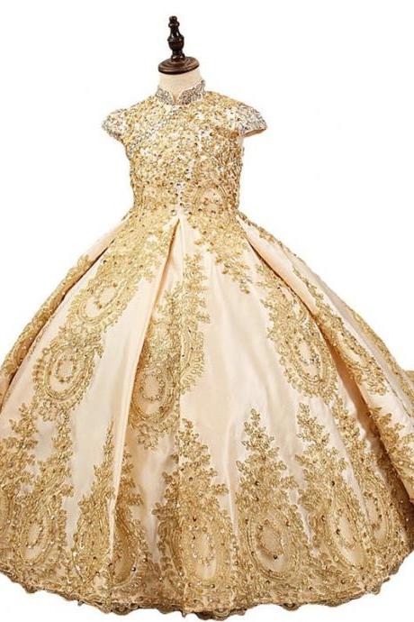 Golden Beads Flower Girl Dresses For Wedding Fashionable Pageant Gown Sleeveless lace Appliques Holy Communion Dresses for girl
