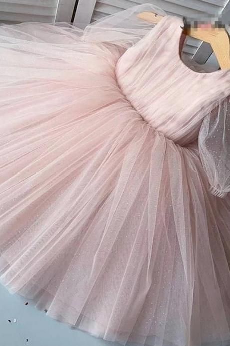 Puffy Pink Flower Girl Dress Bling Tulle Pricess Kids Birthday Party Dress Knee Length Girl Wedding Prom Gowns
