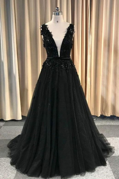 Black V Neck Tulle Lace Long Prom Dress Evening Formal Tulle Evening Dress