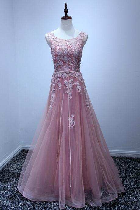 Pink Tulle Prom Dress Lace Applique A-line Evening Dress Lace Up Back